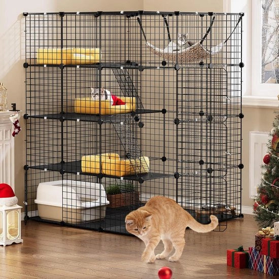 Recinzione per gatti con 4 livelli e lettino a sospensione - Recinzione per piccoli animali in acciaio - Recinzione per 1-4 gatti - Kit di recinzione per animali domestici da assemblare