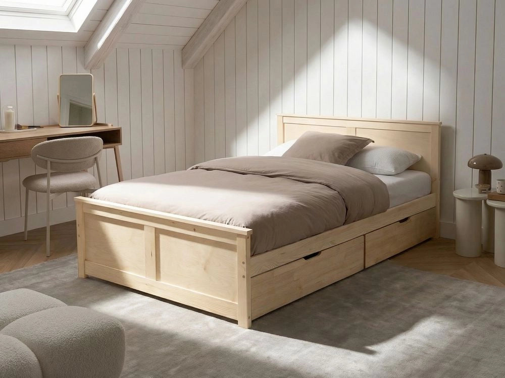 Letto matrimoniale con 2 cassetti in legno marrone chiaro stile 120 x 200 cm con testiera in stile scandinavo