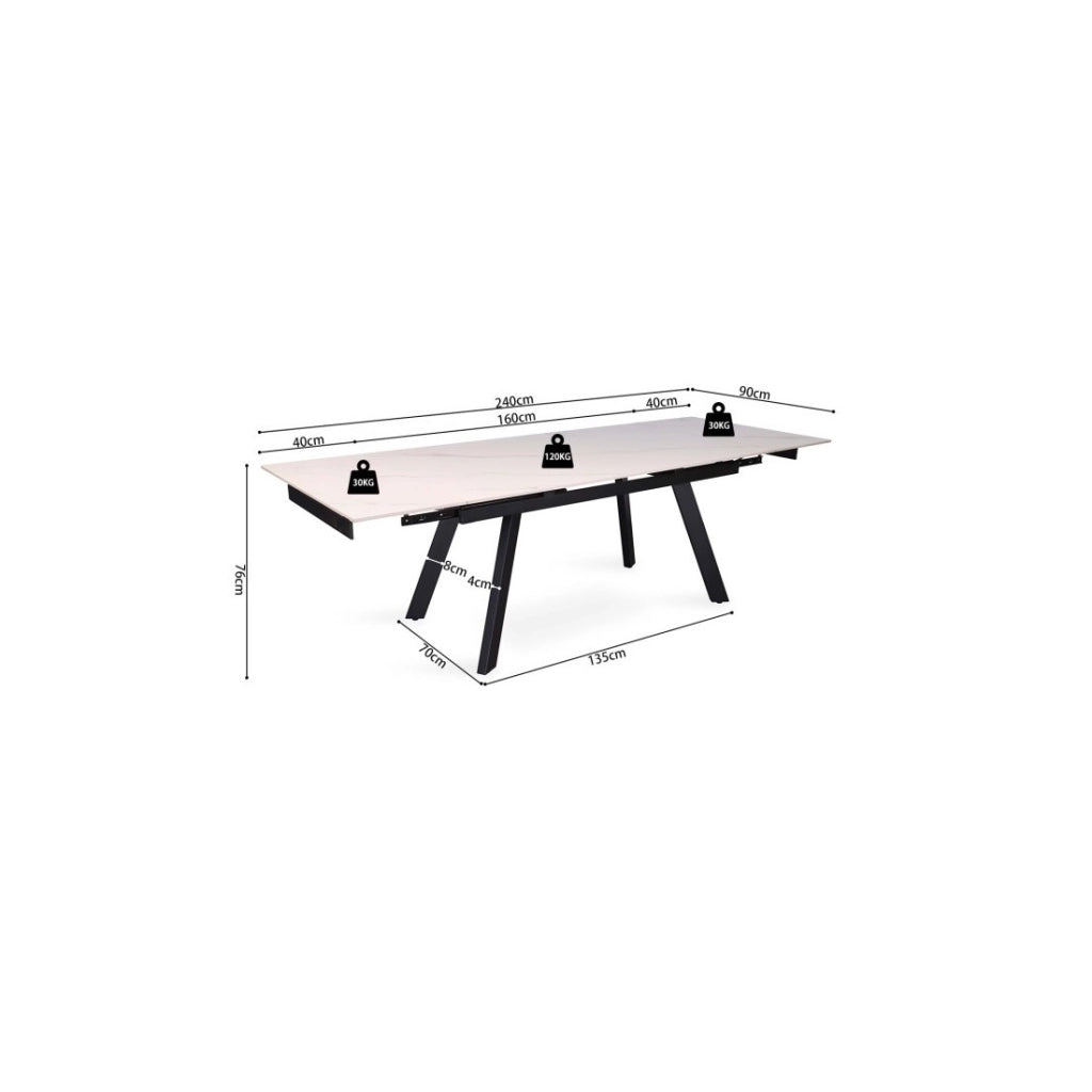Tavolo da pranzo allungabile per 10 persone con piano in pietra bianca, collezione LAROS. Struttura in metallo.