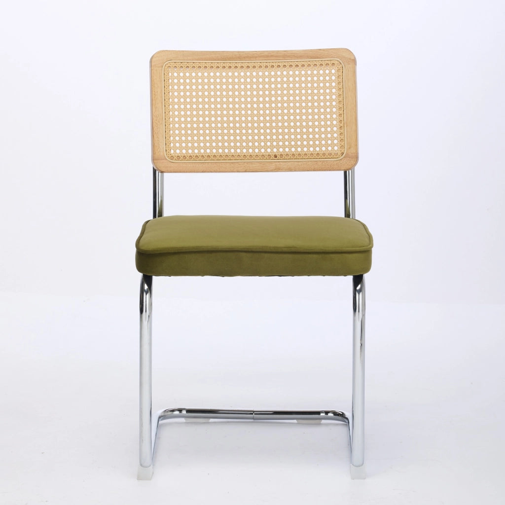 Sedia da pranzo moderna - Zephmum- Set di 2, schienale in rattan, base cromata, verde oliva