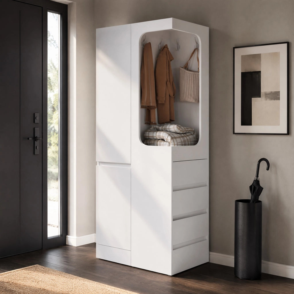 ARMADIO 70 x 40 x 170 cm con cassetti e vano appendiabiti aperto Bianco