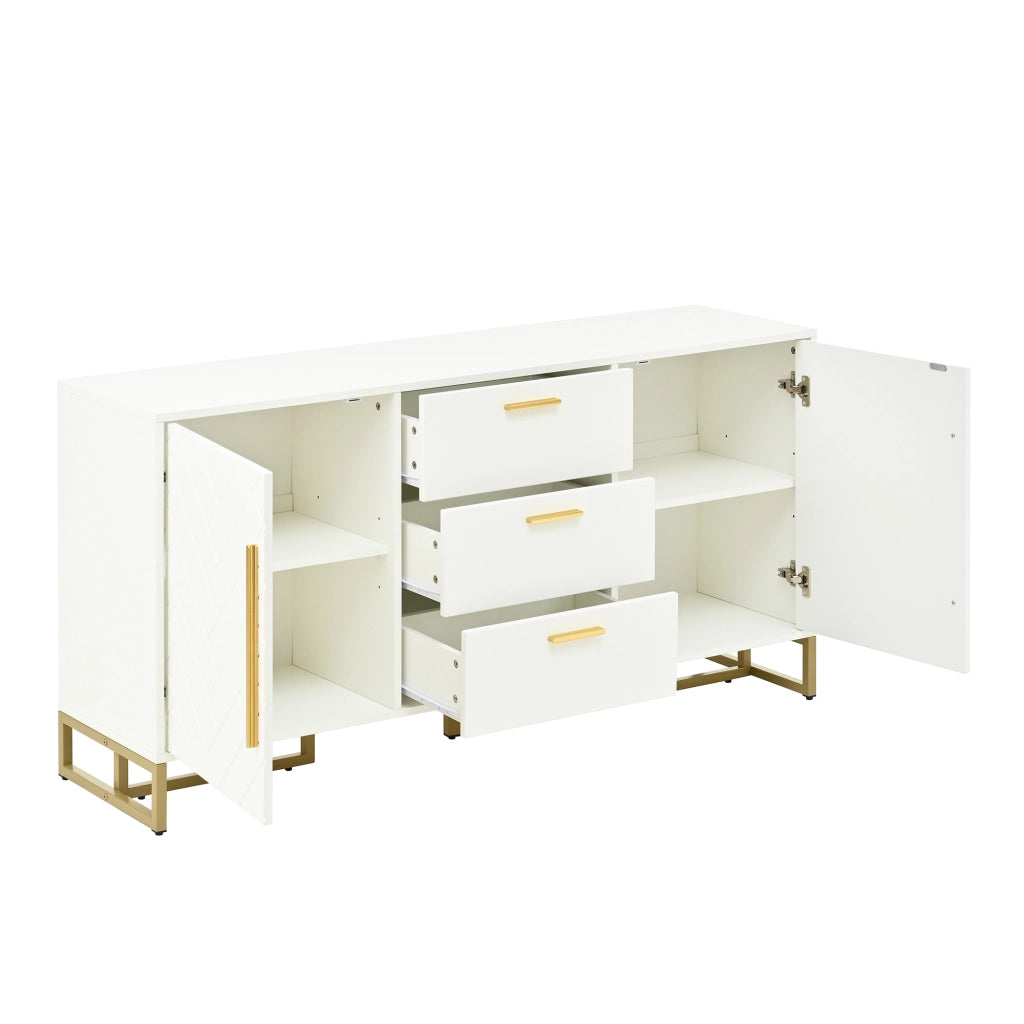 Credenza elegante in bianco - Zephmum- Motivo a spina di pesce, 2 ante, 3 cassetti