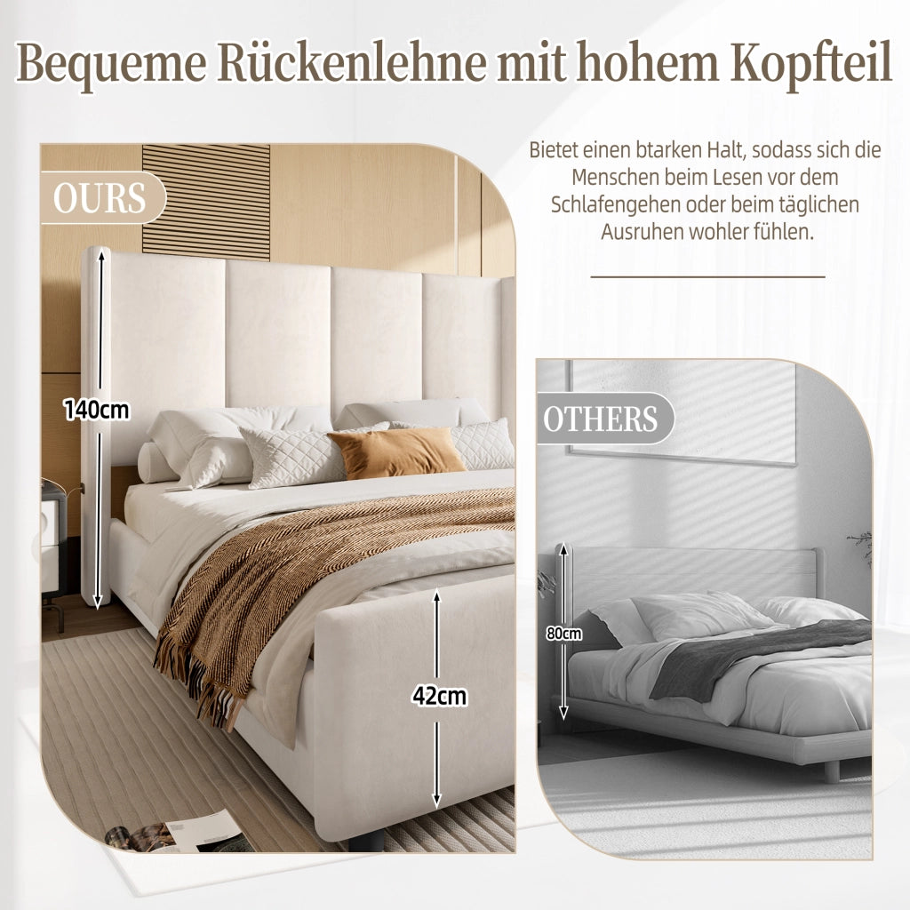 LETTO imbottito 140x200 cm velluto beige con USB