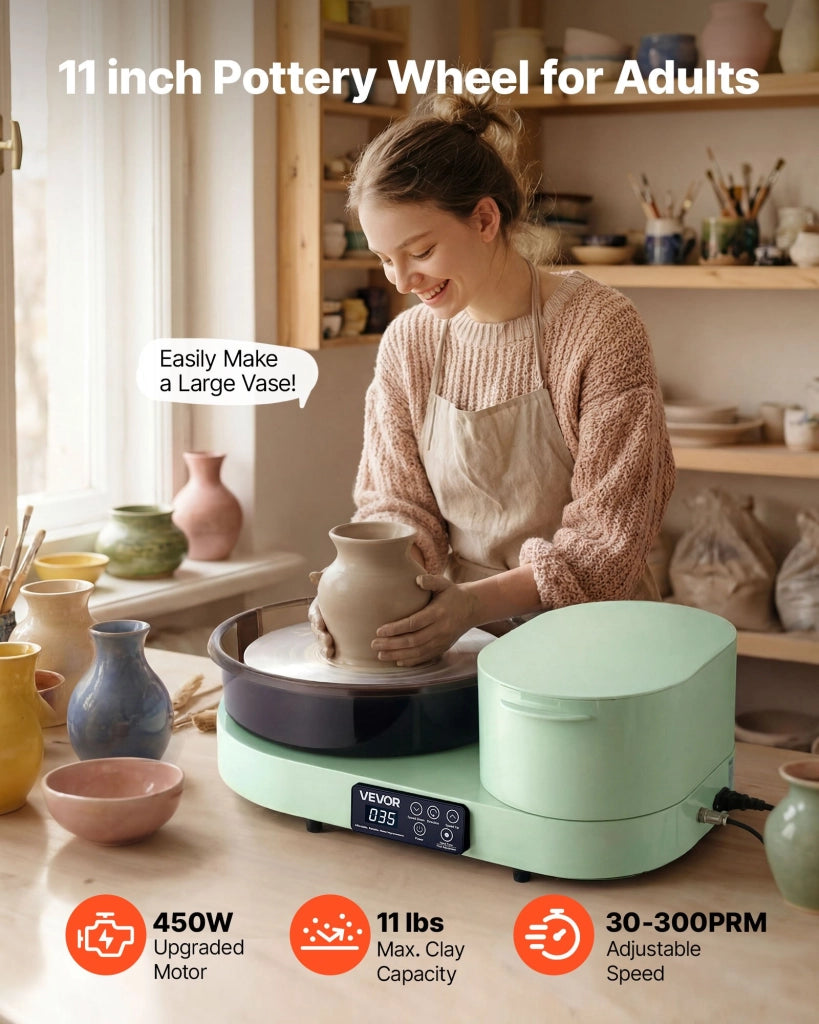 Tornio Elettrico per Argilla JCTY-032 da 450W con Piatto in Alluminio da 28cm, Velocità Regolabile 30-300 giri/min, Pedale Verde per Fai da Te