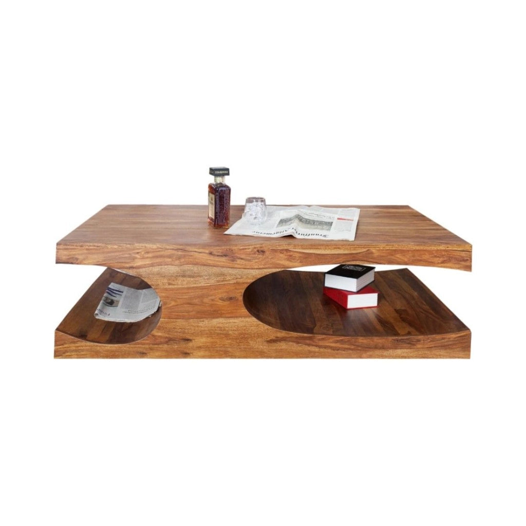 Tavolino basso NOMA 118 cm in legno di sheesham – Tavolino design in legno massiccio con nicchie