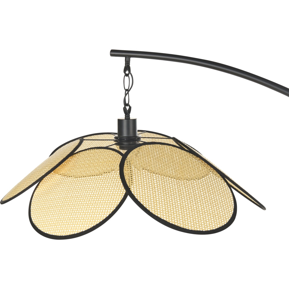 Lampada da terra ad arco in metallo nero con paralume in carta effetto rattan