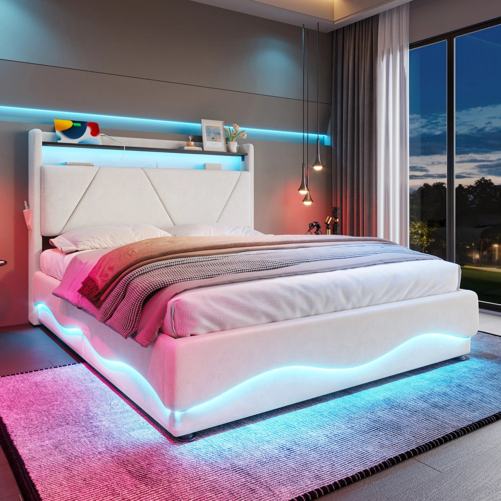 Letto imbottito 140x200 cm beige con LED, USB-C e contenitore
