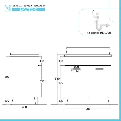 Mobile lavatoio 80x50 cm grigio calce vasca in resina e kit di scarico Moon