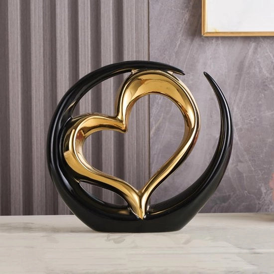 Decorazione artistica moderna a forma di cuore, scultura ceramica per sala da pranzo, soggiorno, ufficio, mobile TV, punto focale (Nero oro)