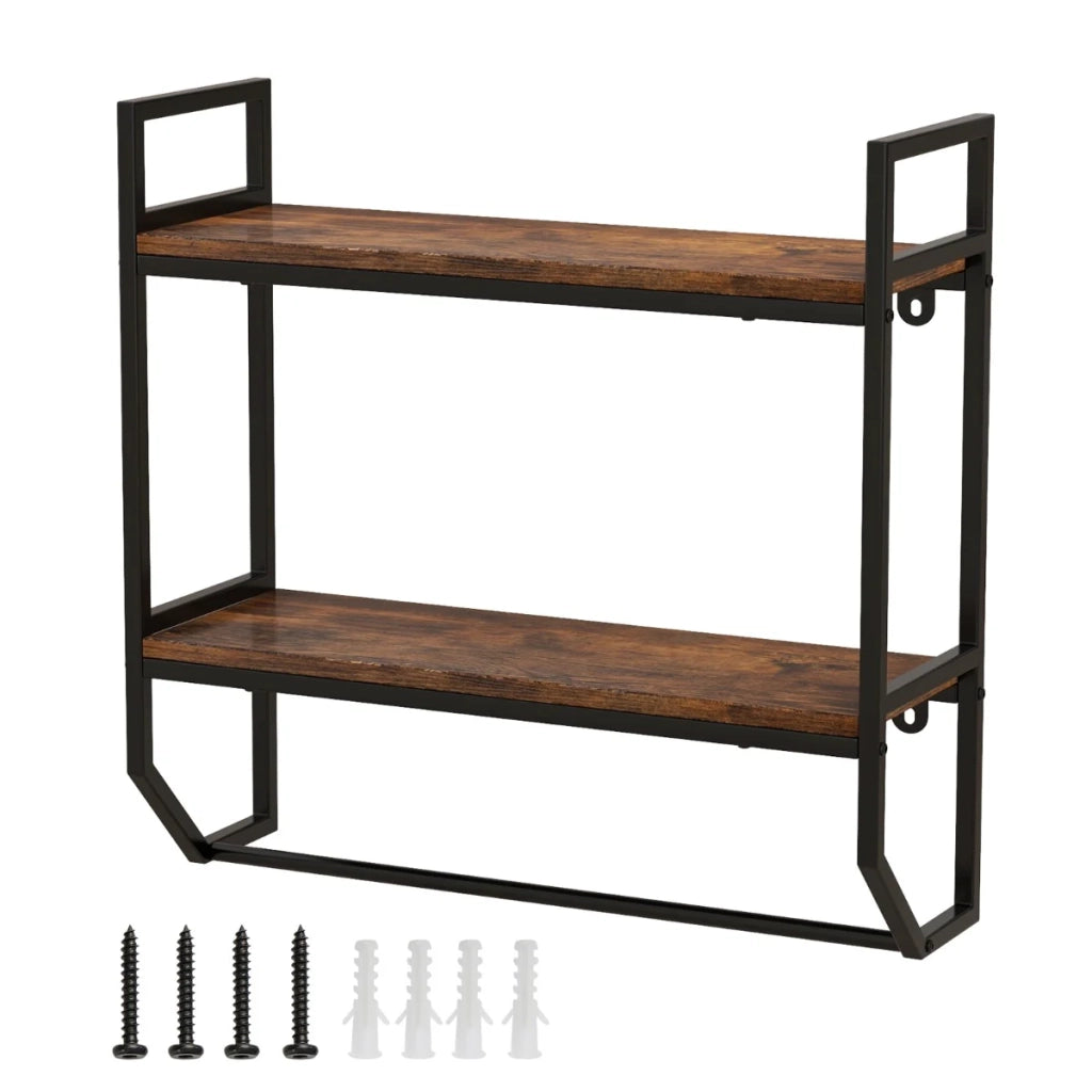 Scaffale portaoggetti da parete a 2 ripiani 59 x 20 x 58 cm con pratico portasciugamani stile industriale metallo marrone rustico 20_0020560