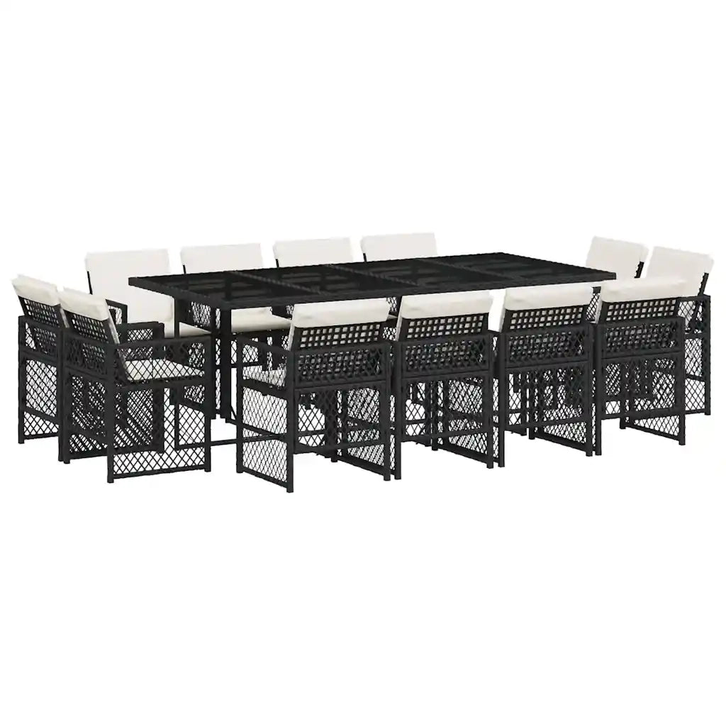 Set da Pranzo da Giardino 13pz con Cuscini Nero in Polyrattan 3210858