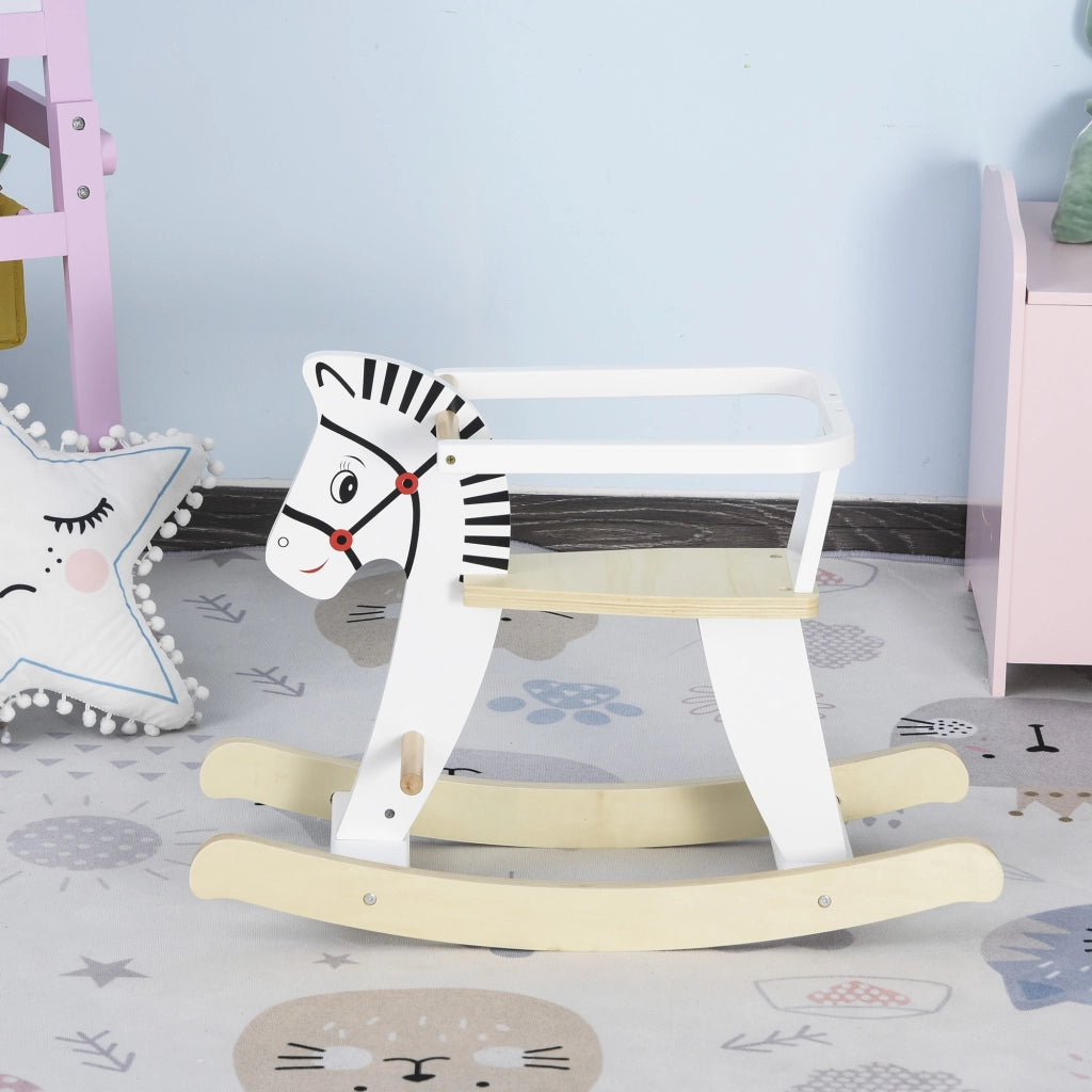 EasyComfort Cavallo a Dondolo Classico in Legno per Bambini 1-3 Anni con Bordo, Maniglie e Poggiapiedi, 68x26.5x48cm, Bianco