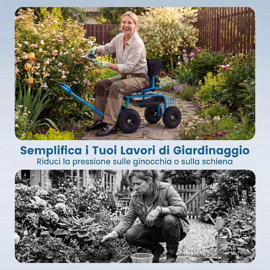 Carrello da Giardino, Sgabello con Ruote Girevole a 360°, Cuscino Imbottito, Schienale, Cestino, Tasca e Vassoio Porta Attrezzi, Carriola da Giardino e Cortile, 96 x 46 x 78-87 cm (Blu)