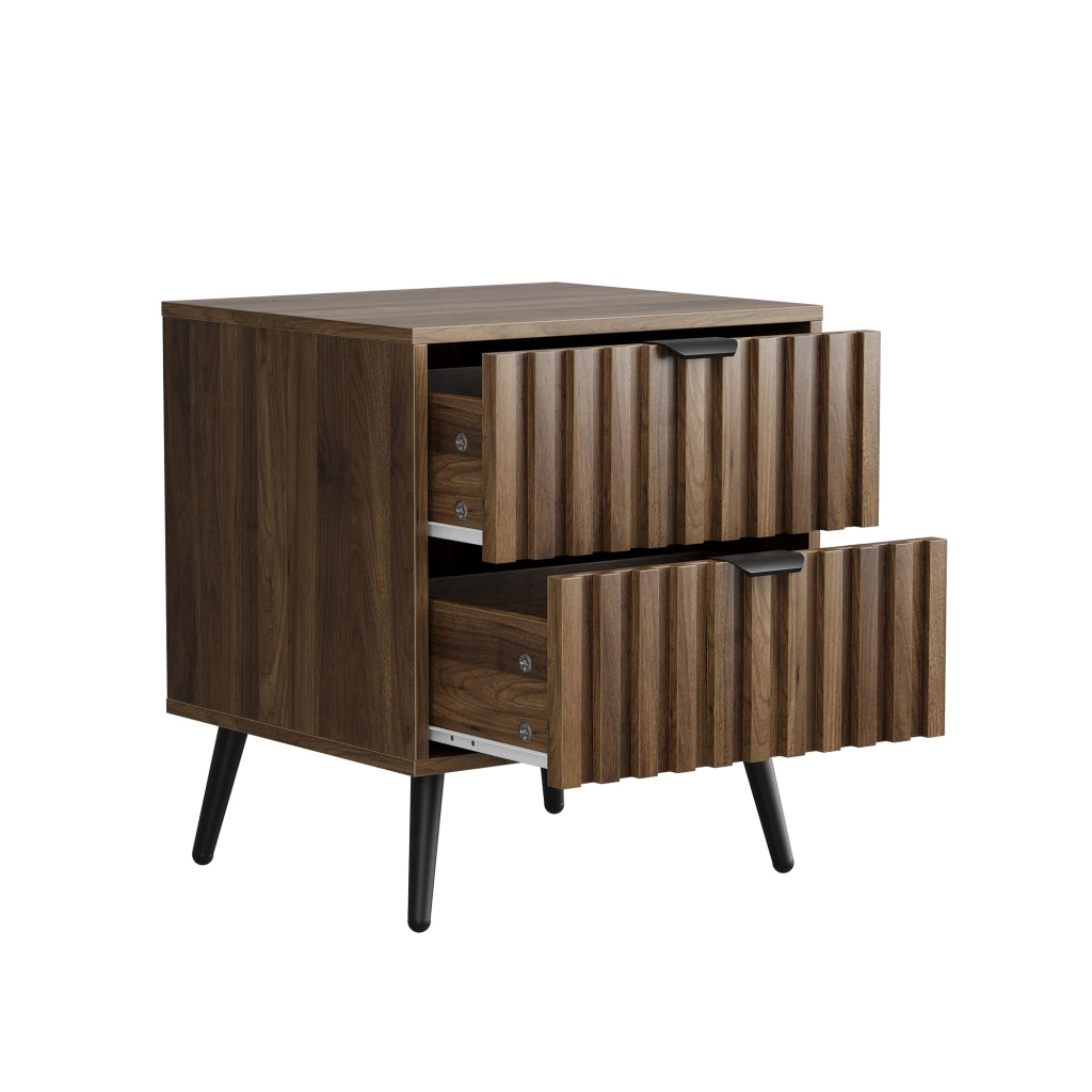Comodino moderno con 2 cassetti, struttura in MDF e design incassato, colore Noce, 45 x 40 x 53 cm