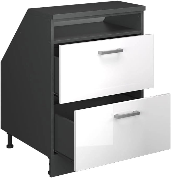 Mobile sottotetto Rion, Bianco lucido, 60 x 81.6 cm con 2 cassetti, carcassa 60 cm profondità, adatto per il salvaspazio sotto tetti spioventi