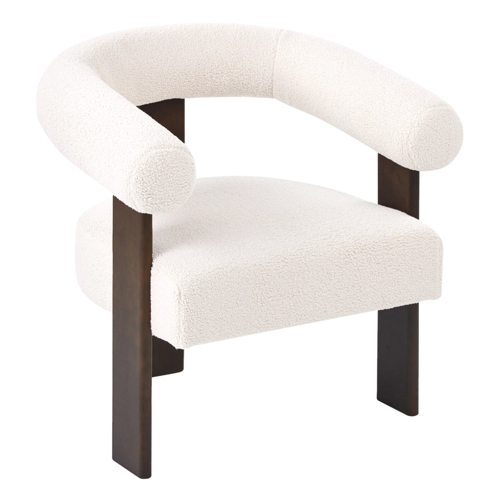 Poltrona bianco sporco e marrone scuro con rivestimento in bouclé design retrò gambe in legno per soggiorno