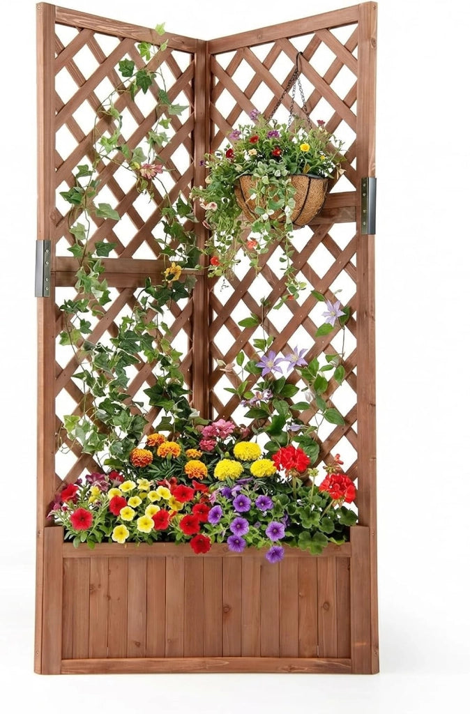 Letto da Giardino Rialzato ad Angolo con Traliccio e Fori di Drenaggio, Fioriera in Legno Elevata per Piante Rampicanti, Fiori e Verdure, Ideale per Interno ed Esterno (Naturale)
