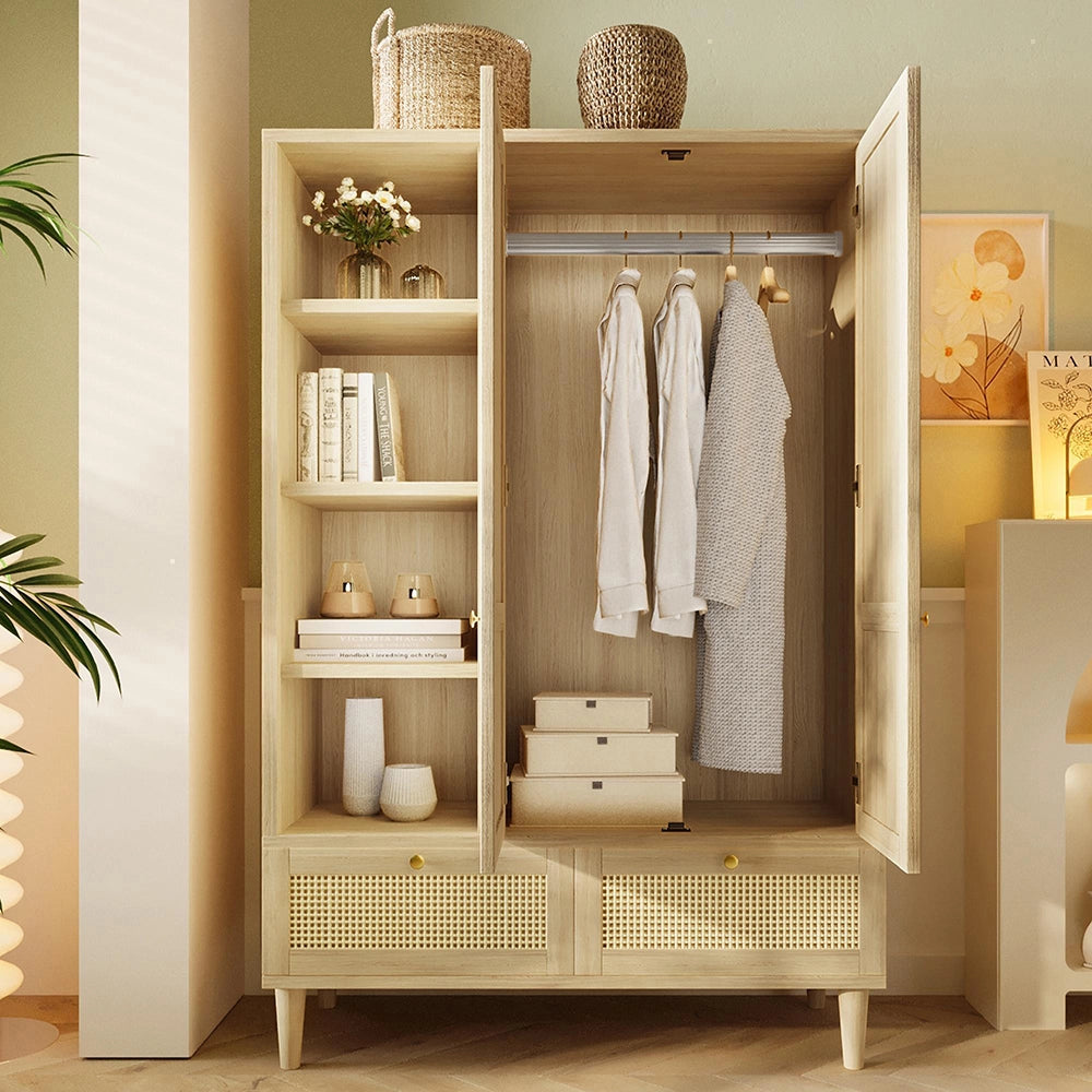 Armadio guardaroba con 2 ante e intreccio in rattan - Xylo - Stile cottage aspetto quercia, 2 cassetti, antiribaltamento, 180x120x50 cm