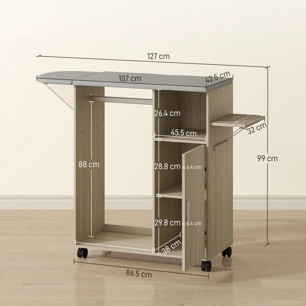 Mobile Asse da Stiro in Effetto Lino Armadietto e Barra per Vestiti 127x42,5x99 cm Grigio e Color Legno