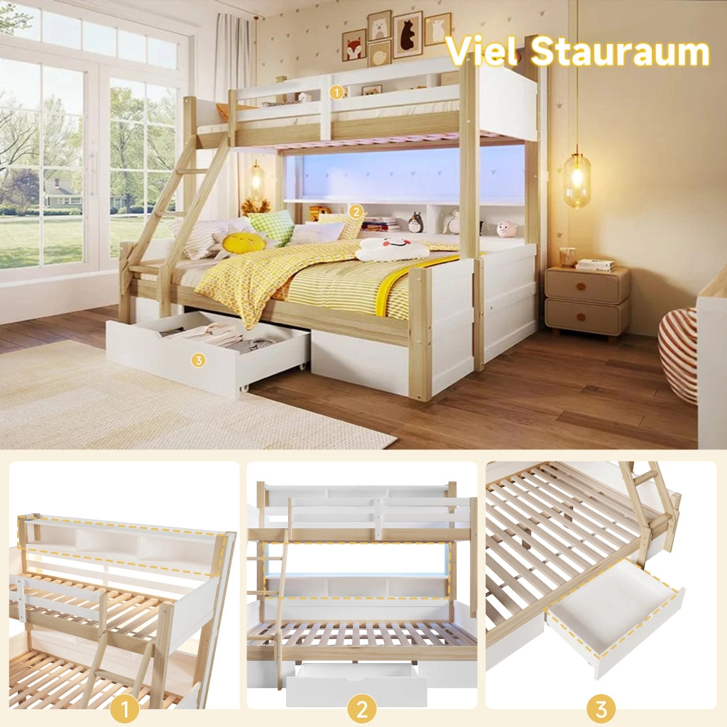 Letto a castello 90 × 200 cm e 140 × 200 cm con LED, scomparti, cassetto, senza materasso, pino bianco e naturale