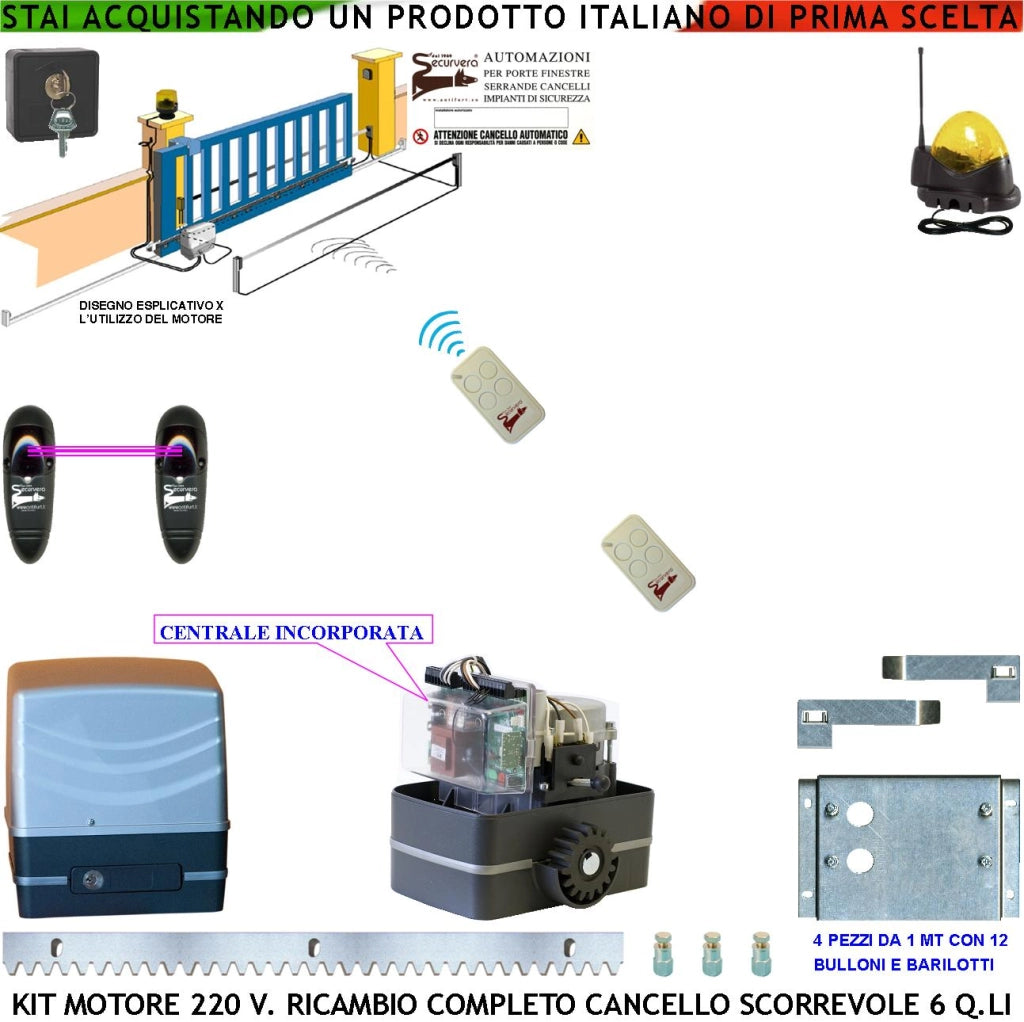 KIT AUTOMATISMO CANCELLO SCORREVOLE DA 4 MT MOTORE 220 V CON CENTRALE TRAINA 6 Q.LI 2 RADIOCOMANDI FARO ANTENNA SELETTORE FOTOCELLULE