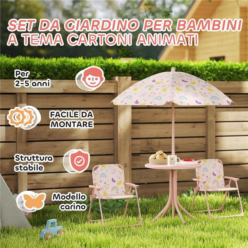 SET DA GIARDINO PER BAMBINI 2-5 ANNI CON TAVOLINO ROTONDO, 2 SEDIE PIEGHEVOLI E UN OMBRELLONE, ROSA