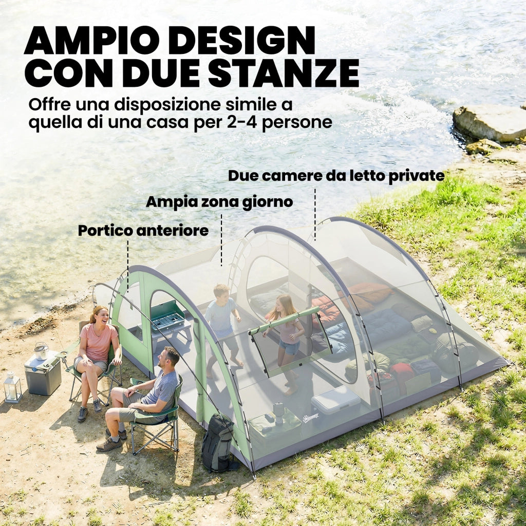 Tenda da Campeggio Multi-Stanza 505x390x196 cm per 2-4 Persone con Finestre e Veranda Struttura in Fibra di Vetro Verde