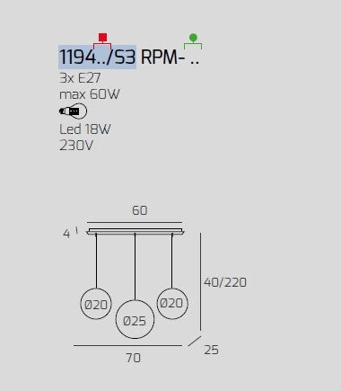 SOSP. BIANCO 3 LUCI RETTANGOLARE VETRI (2 PICCOLI +1 MEDIO) TUTTI AMBRA 1194BI-S3 RPM-AM
