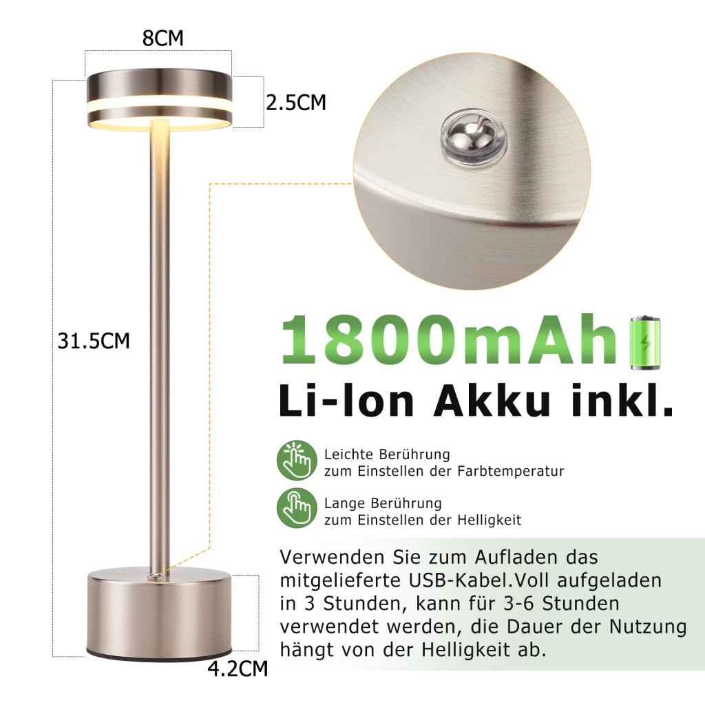 ZMH Lampada da tavolo LED argento wireless batteria touch dimmerabile H32cm per comodino camera letto