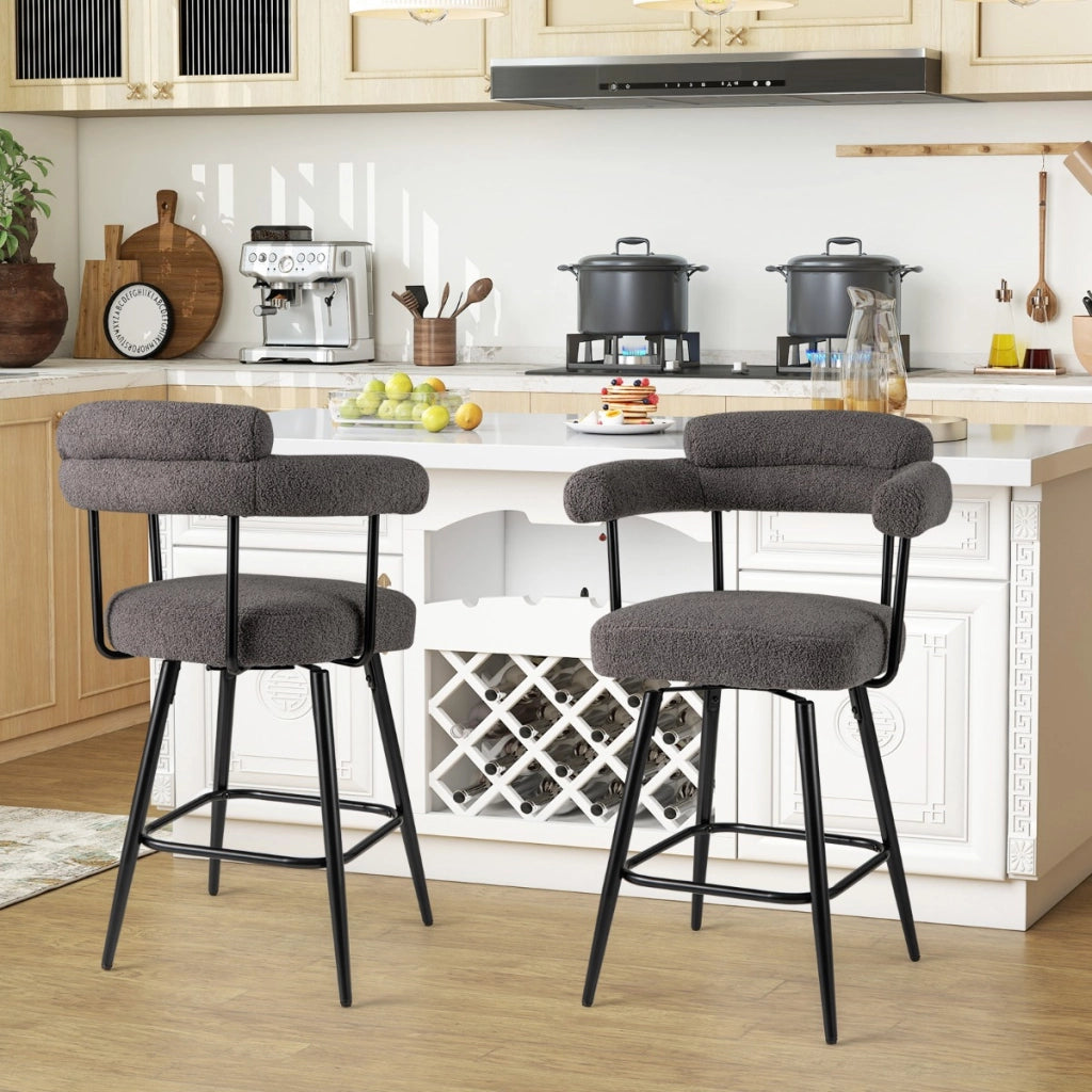 Sedie moderne imbottite in boucle con gambe in metallo e poggiapiedi per isola cucina, Set di 2 sgabelli da bar girevoli Grigio-Sgabelli da bar