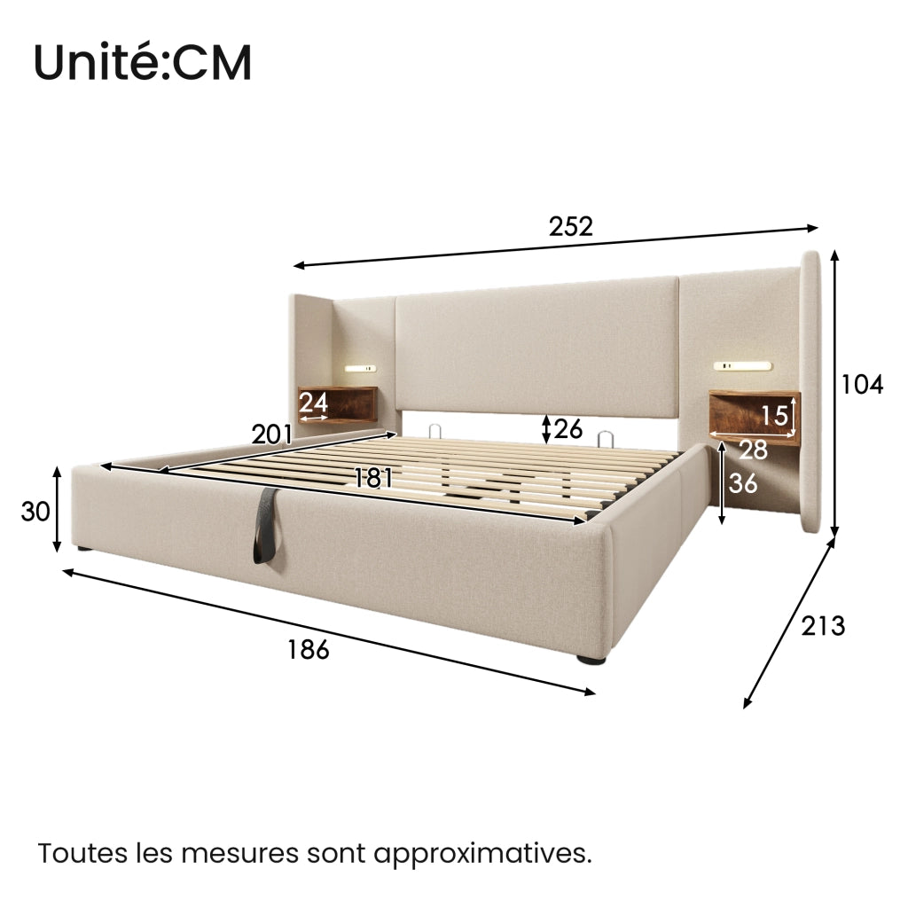 Letto Contenitore Matrimoniale 180x200 cm; USB e Type-C; Lampada da Lettura - Beige