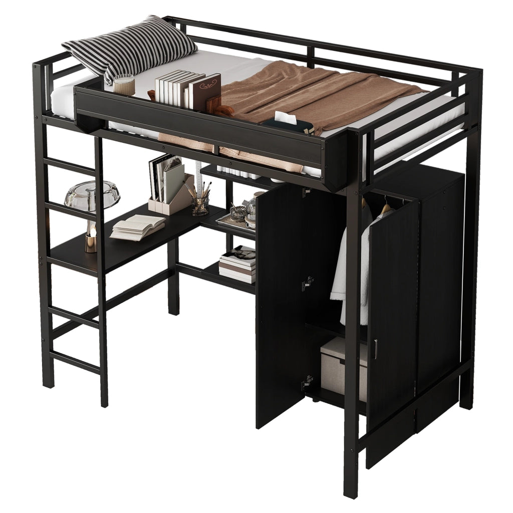 Letto a castello 90x200 cm con tavolo e armadio in metallo e pannello truciolare nero
