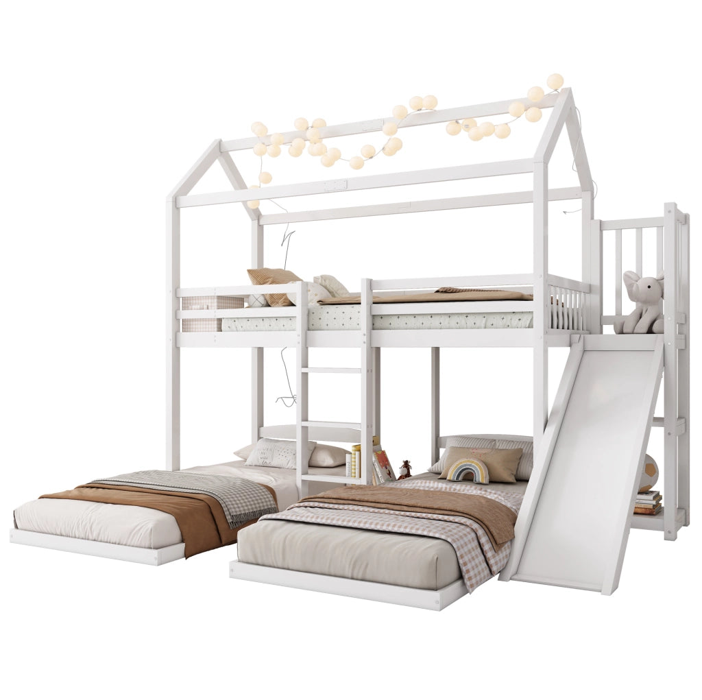 Letto a soppalco per bambini con scivolo e tetto