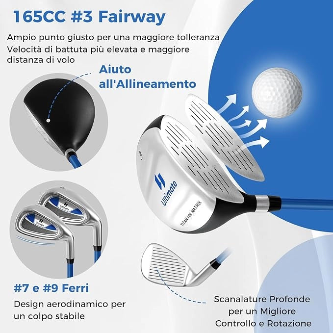 Set Completo di Mazze da Golf per Bambini, Inculude Fairway 3, Ferri 7 e 9, Putter, Copritesta, Borsa Portatile e Cappuccio Antipioggia, Set da Golf per Destrimano(Per 11-13 Anni)
