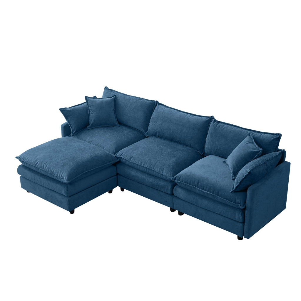 Divano angolare modulare 3 posti con pouf in ciniglia blu sfoderabile