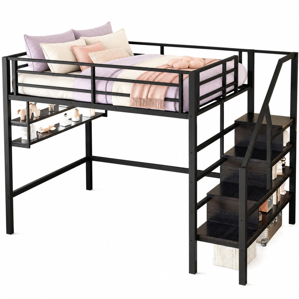 Letto a soppalco 140x200 cm con ripiani, scala contenitore e ringhiera di sicurezza