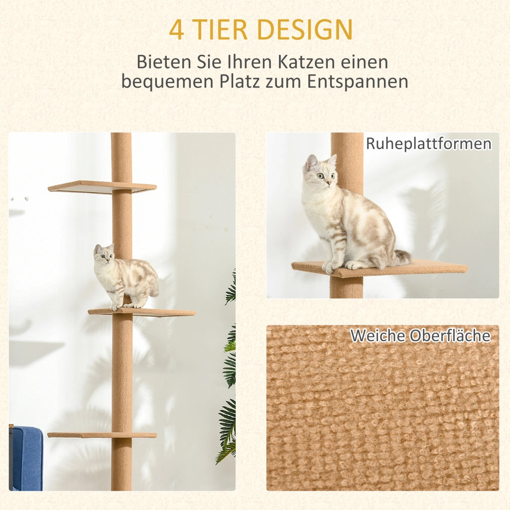 Tiragraffi regolabile in altezza, albero da arrampicata per gatti, albero gioco, marrone chiaro, 43x27x228-260 cm, per gioco attivo e relax