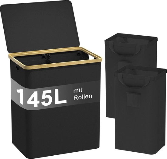 Wastino con coperchio 4 contenitori 145L, raccolta lana con 2 sacchetti lavabili, ruote e pattini, grande vasca da bucato, cassa da bucato, separatore per bucato