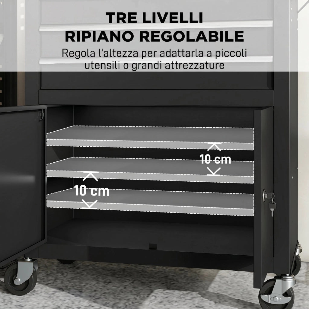 Carrello Porta Attrezzi 69x33x133 cm con Piano di Lavoro 3 Cassetti Pannelli Forati in Acciaio Nero