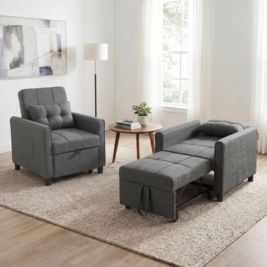 Poltrona Letto Singolo 69x82x85 cm con Schienale Reclinabile in Tessuto Effetto Lino e Legno Grigio