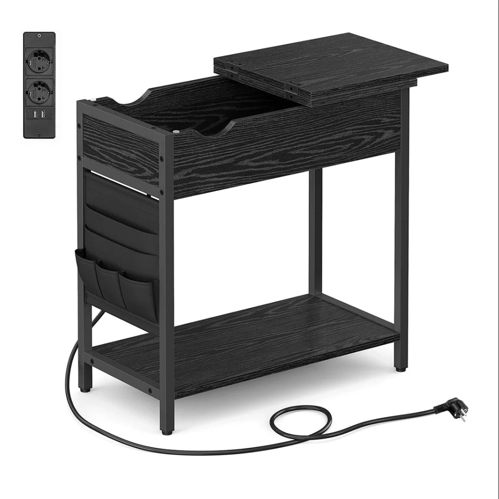 Tavolino laterale con presa di corrente tavolino laterale tavolino con piano pieghevole comodino 31,5 x 60 x 60 cm rivestimento in tessuto per soggiorno camera da letto marrone rustico e nero 12_0007531