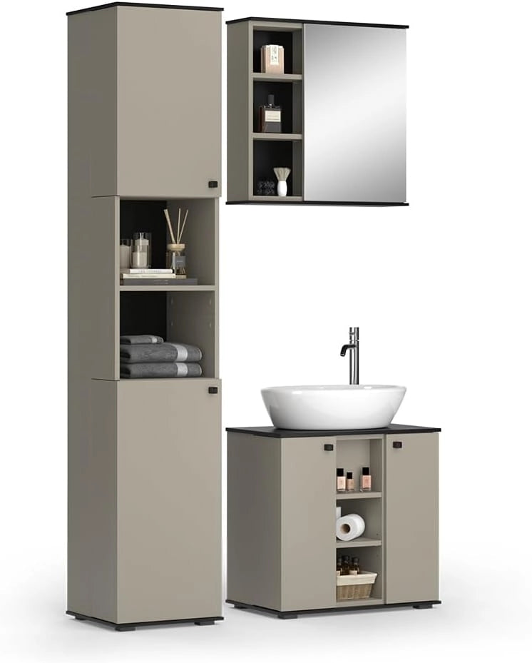 Set di mobili da bagno Joli, Grigio, 60 cm, composto da mobile sottolavabo, specchiera e colonna alta