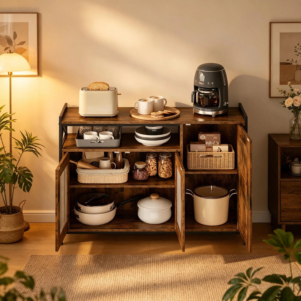 Credenza con vano aperto; 2 ante e ripiani regolabili per cucina in legno 110×33×75 cm