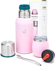 Set di Yerba Mate da 6 pezzi - Incluso Bicchiere in Acciaio per Mate - Bombilla Argentata - Termos - 2 Stoppers per Mate - Tazza di Yerba Mate in Rosa