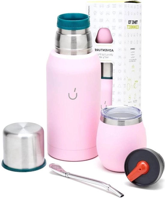 Set di Yerba Mate da 6 pezzi - Incluso Bicchiere in Acciaio per Mate - Bombilla Argentata - Termos - 2 Stoppers per Mate - Tazza di Yerba Mate in Rosa