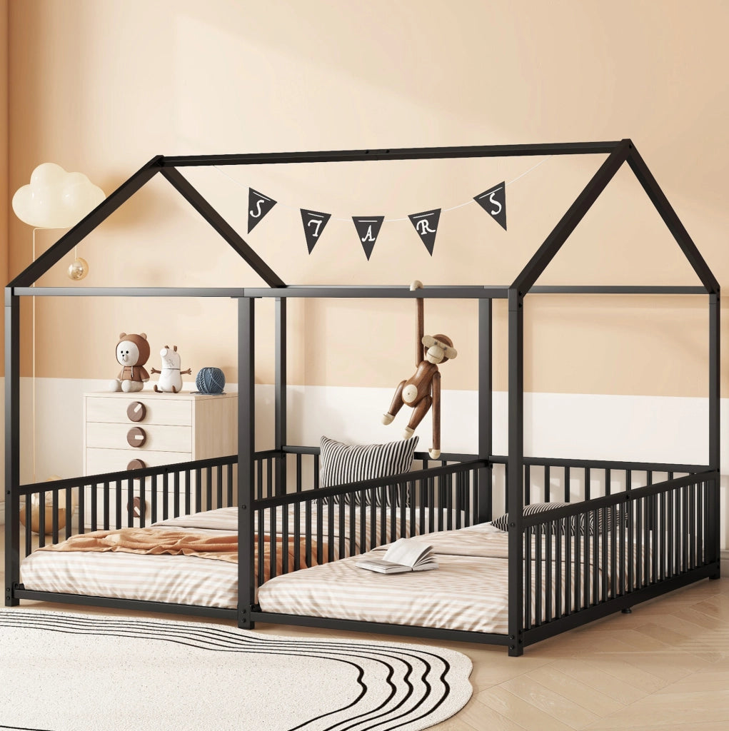 Letto a castello per bambini 90x200 cm in metallo; con sponde; forma casa