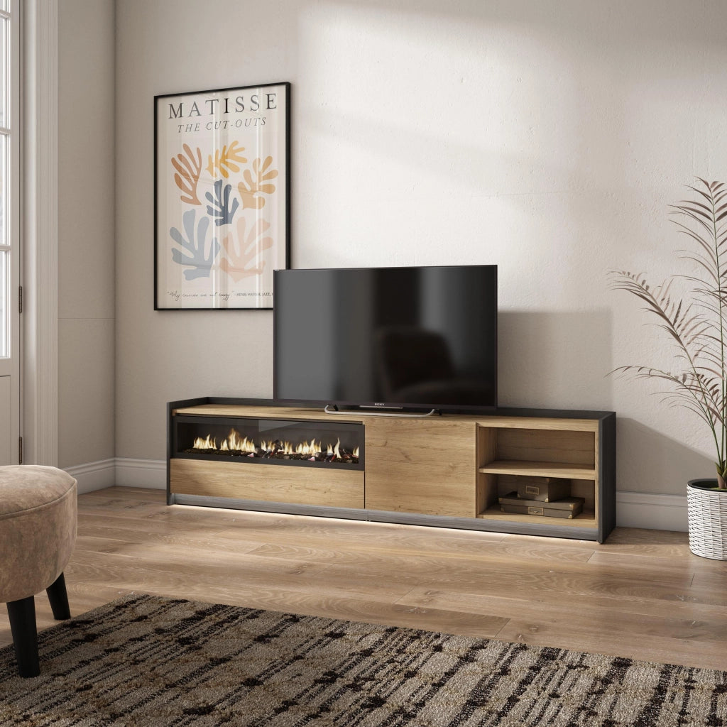 Mobile TV Soggiorno, 207x50x37 cm, Per TV fino a 80", Camino elettrico, LED, Rovere e nero