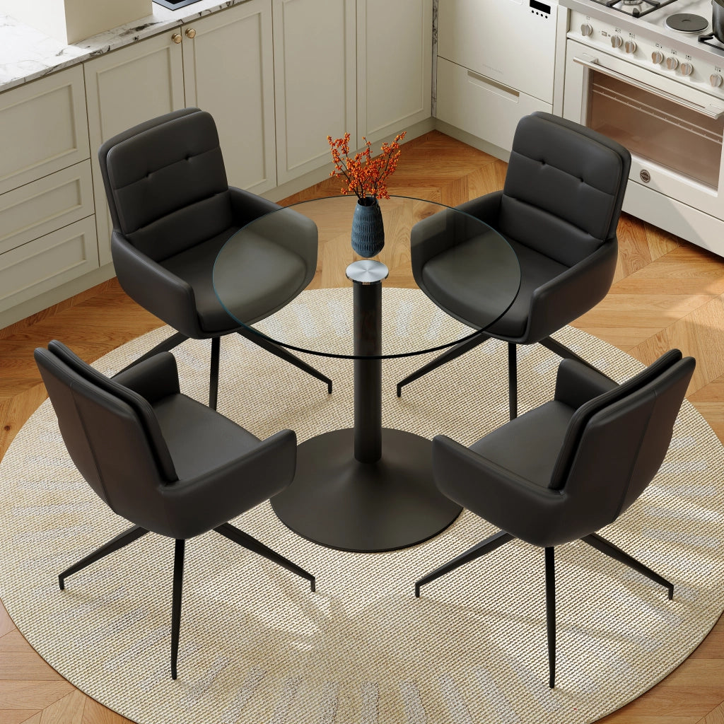 Set da pranzo con tavolo rotondo in vetro temperato e metallo; nero e trasparente