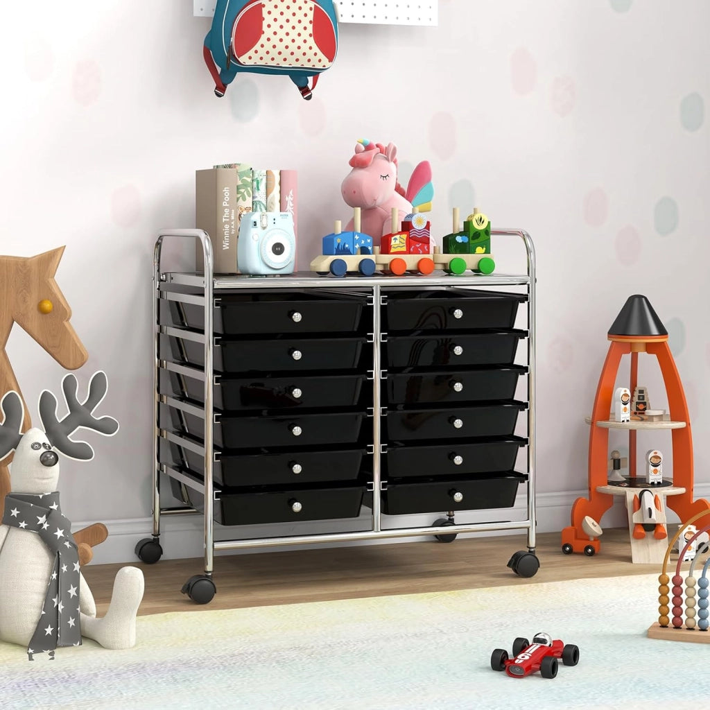 Carrello di Stoccaggio con 12 Cassetti, Carrello portaoggetti con 4 Ruote, Carrello Multiuso per Scuola Ufficio Cucina, 64 x 38 x 62 cm (12 cassetti Nero)