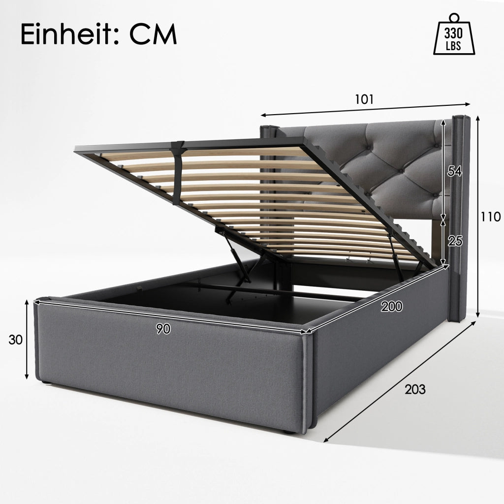 Letto Contenitore 90×200 cm; Letto Singolo con Vano Contenitore e Testiera Imbottita; senza Materasso; Grigio